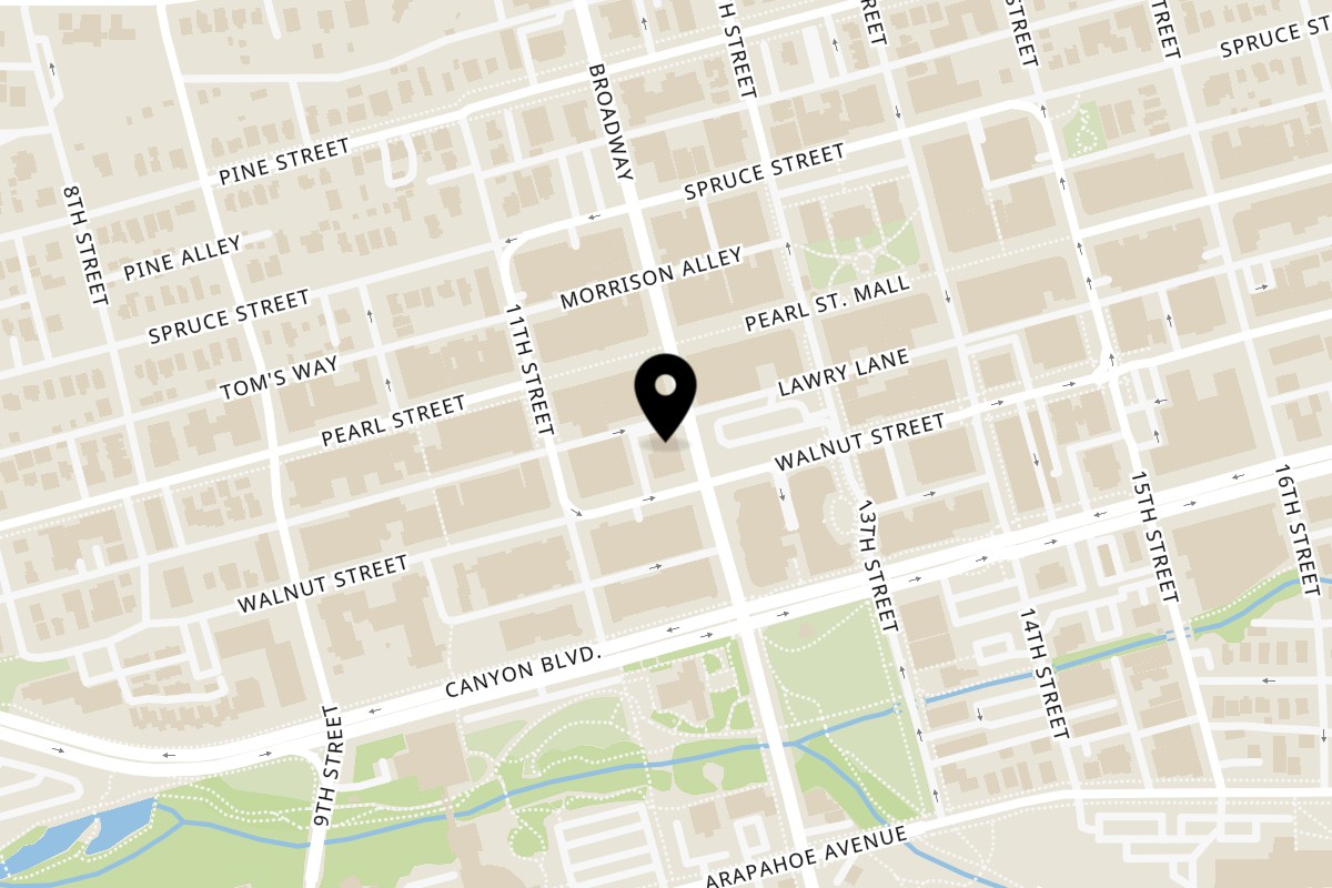Map showing the location of Tiffins Momo Corner on 1911 Broadway in Boulder